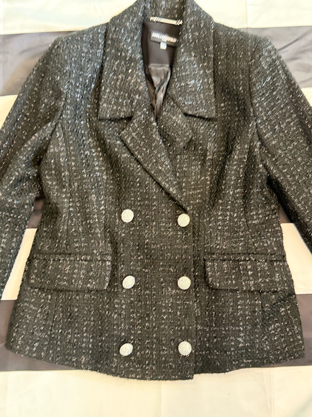 Karl Lagerfeld Paris Tweed Double-Breasted Blazer in Black